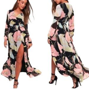 Lulus Wondrous Water Lilies Maxi Dress With Long Sleeves & Floral Print Size S